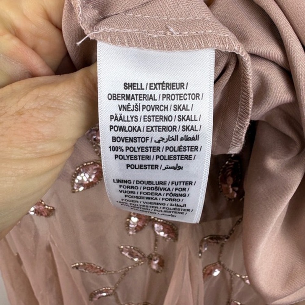 Adrianna Papell Beaded Sequin Mesh Midi Dress Rose Gold Flutter‎ Sleeve Size 2 - Picture 11 of 16